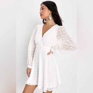 Lulus Always on Repeat White Clip Dot Long Sleeve Mini Dress S NWT